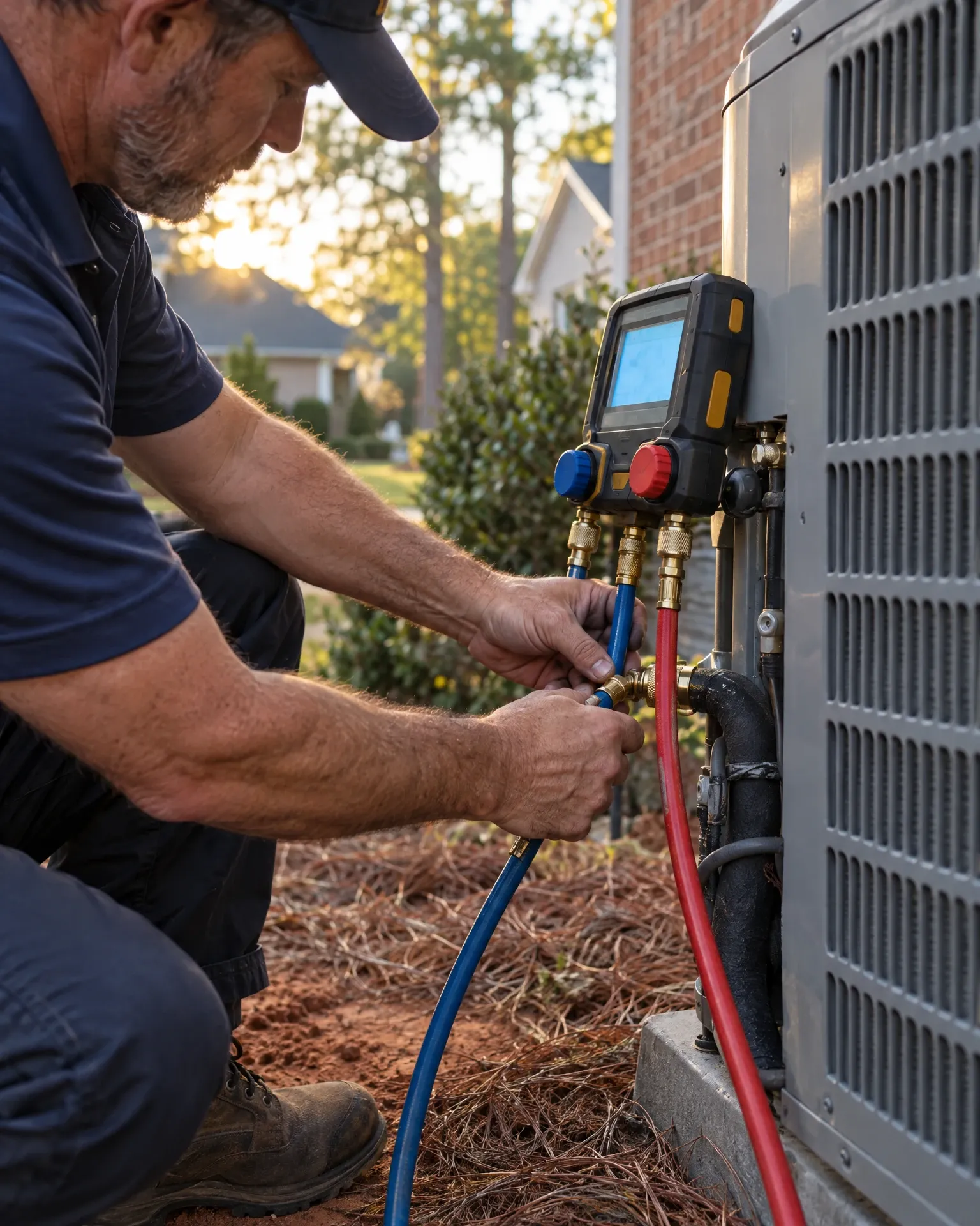 HVAC technician's hands using refrigerant gauges on an outdoor unit