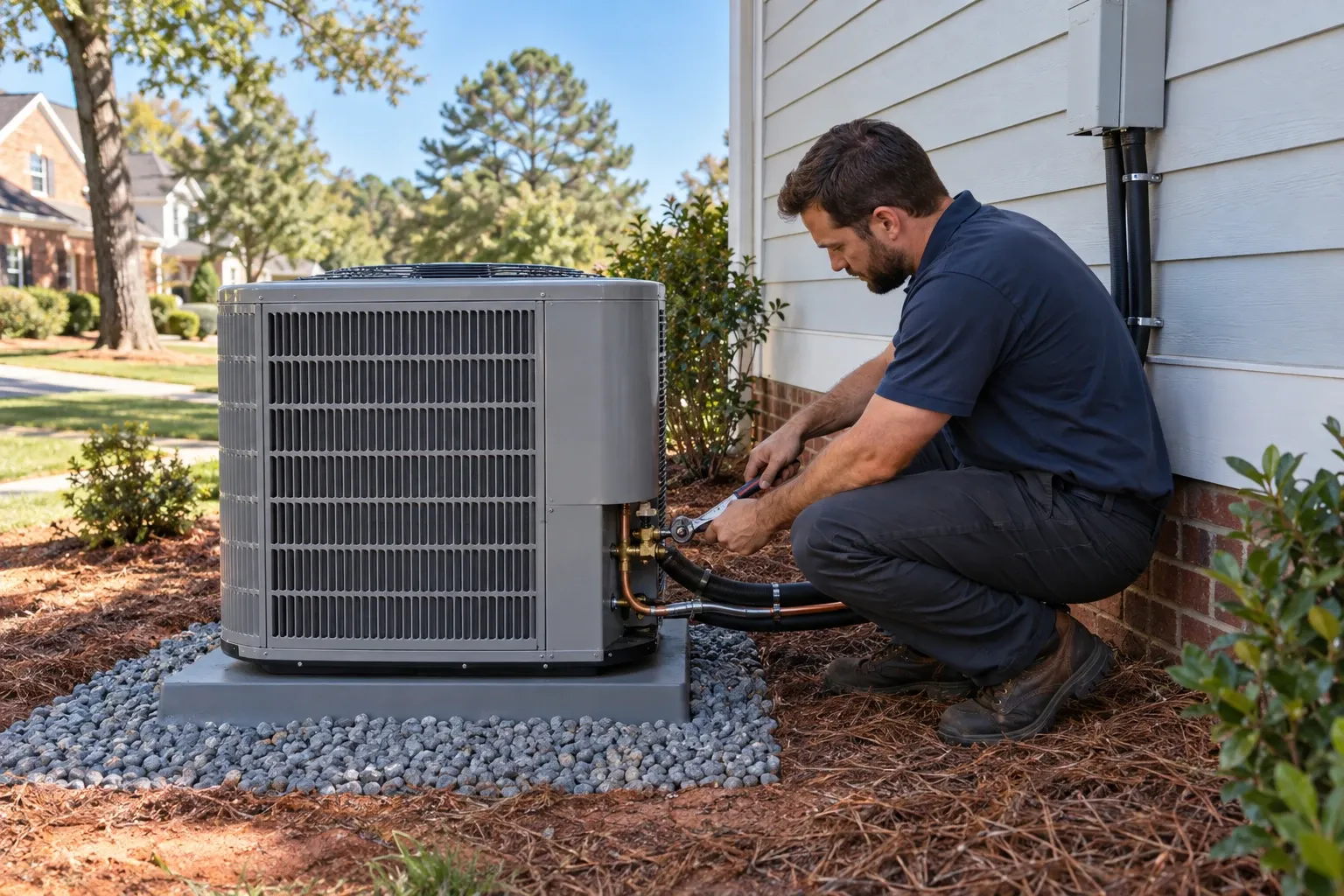 Newly installed central air conditioner on a pad beside a Charlotte-area home