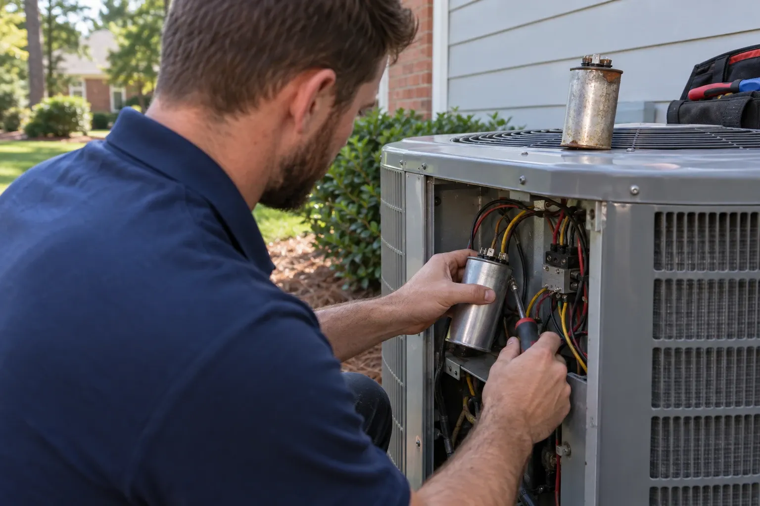 Technician replacing a failed capacitor in an outdoor air conditioning unit