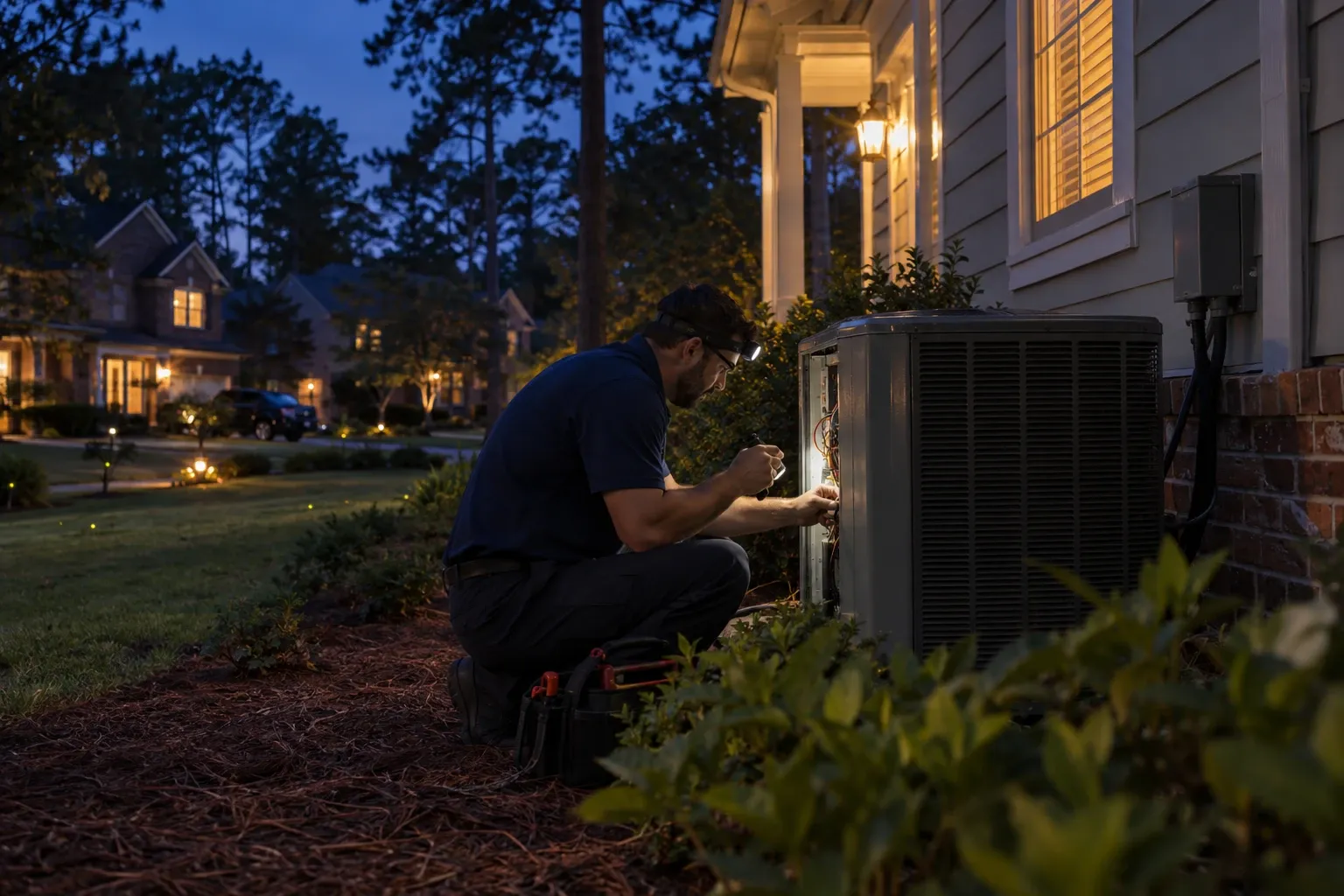 Technician repairing an outdoor AC unit at dusk with a headlamp