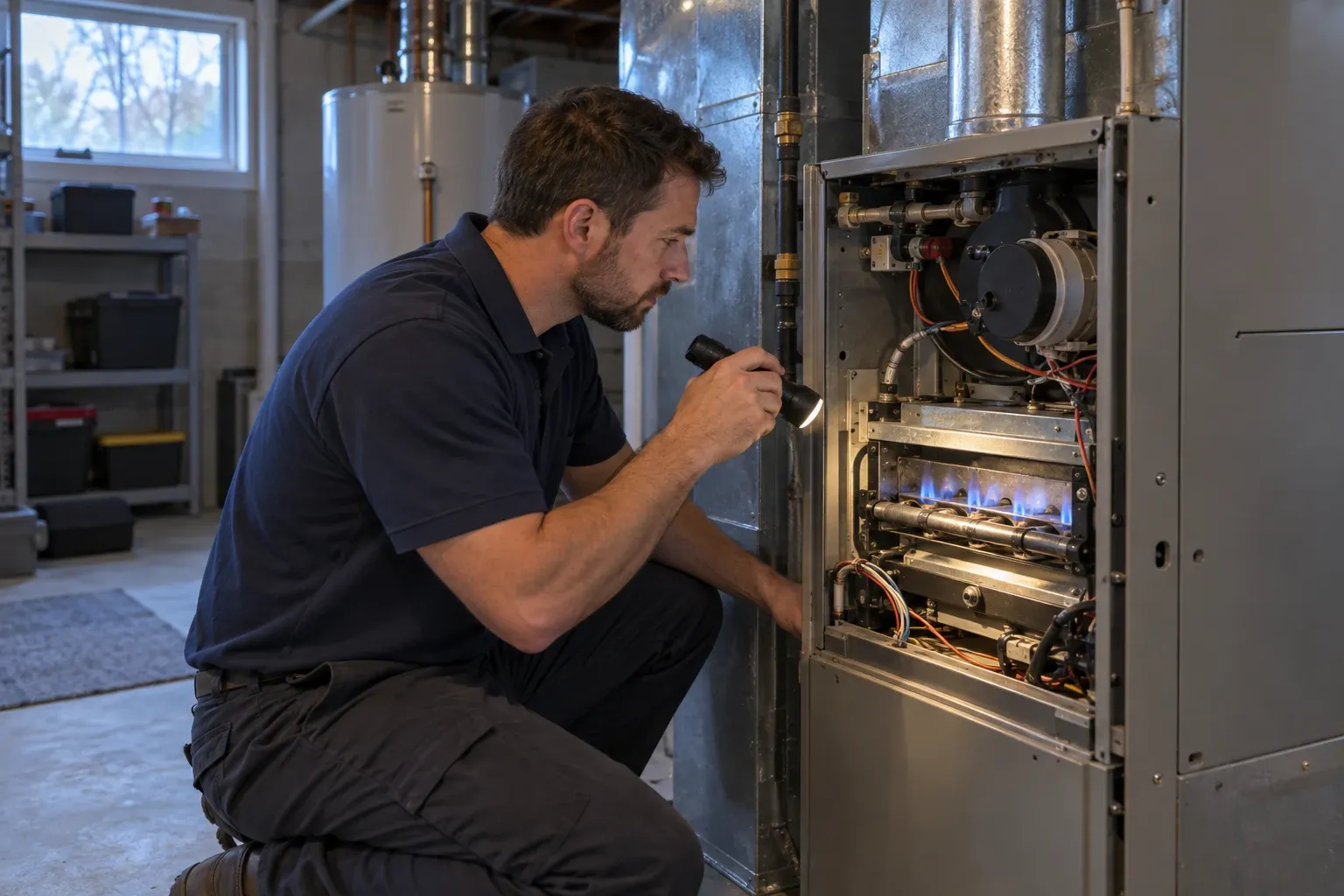 Technician inspecting the burners of a gas furnace with a flashlight