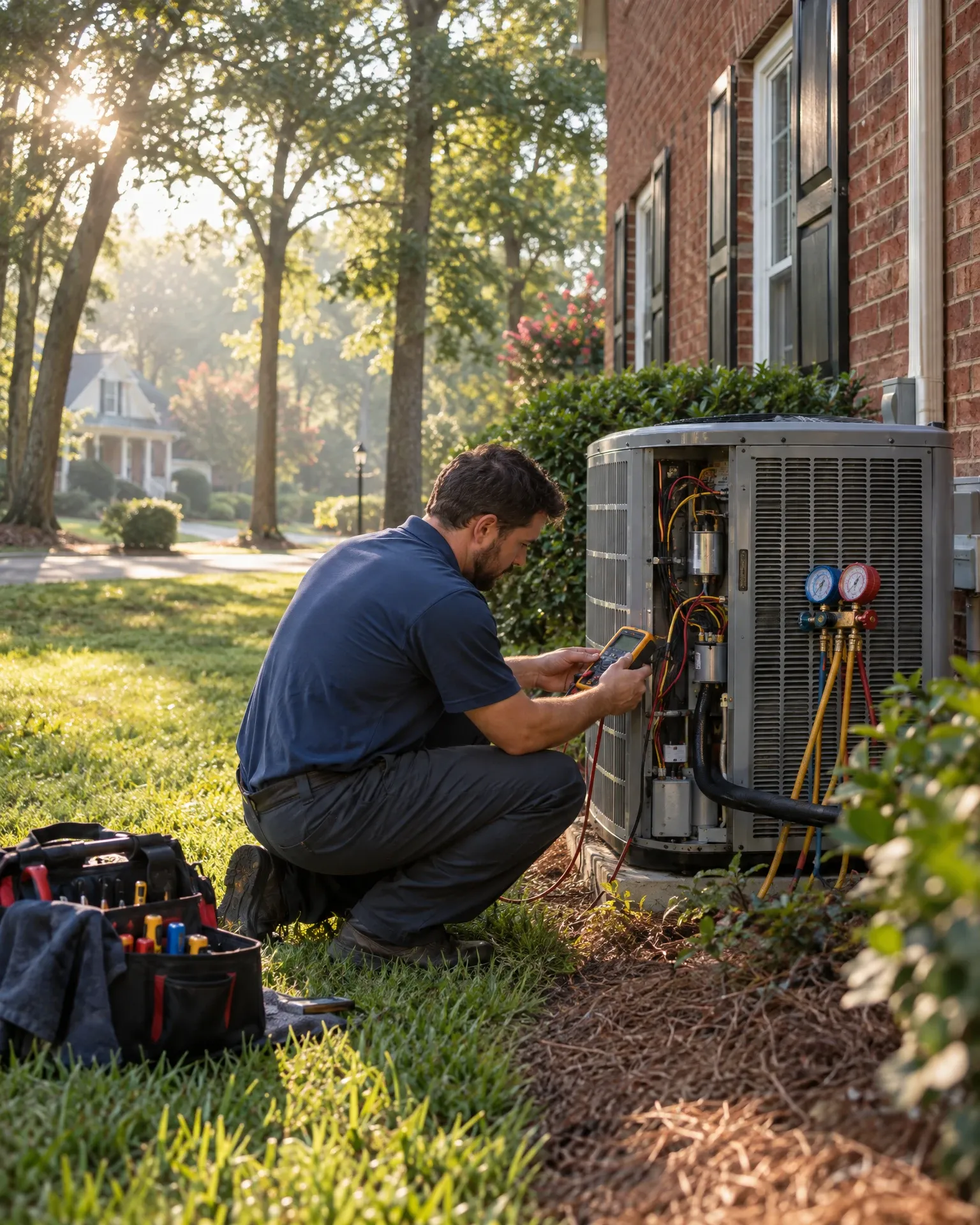 HVAC technician servicing an outdoor air conditioning unit beside a Charlotte home