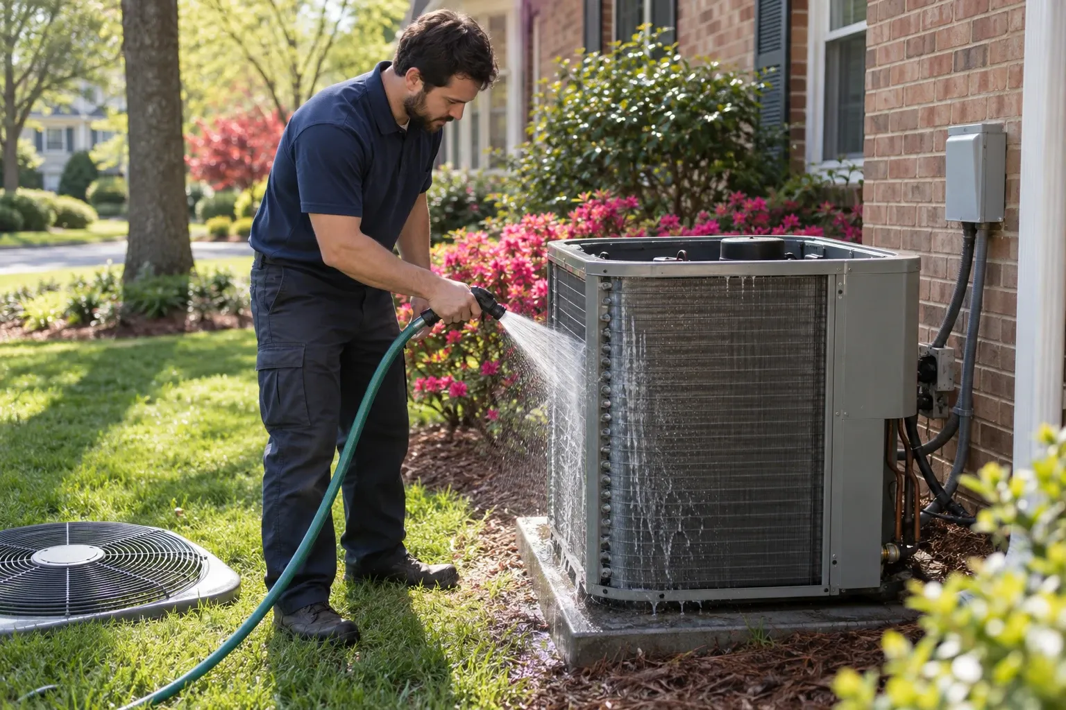 Technician rinsing the coil of an outdoor AC unit during a spring tune-up