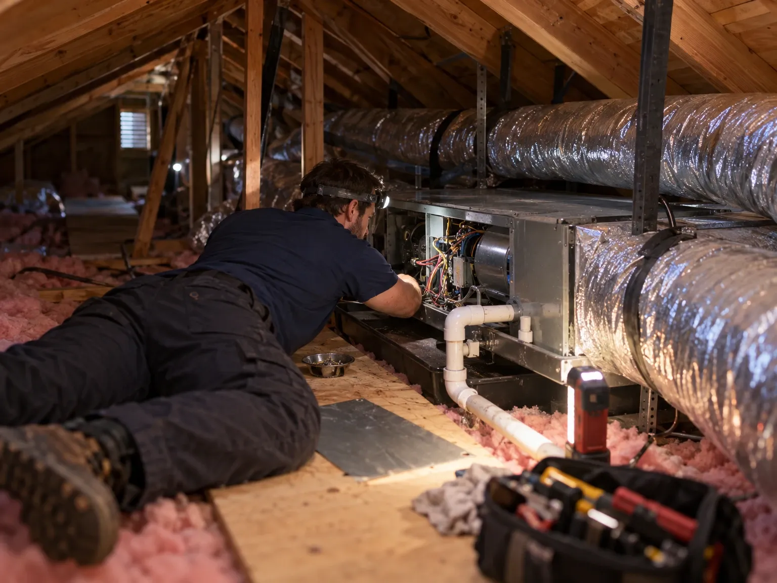 Technician repairing a low-profile horizontal air handler in a tight attic