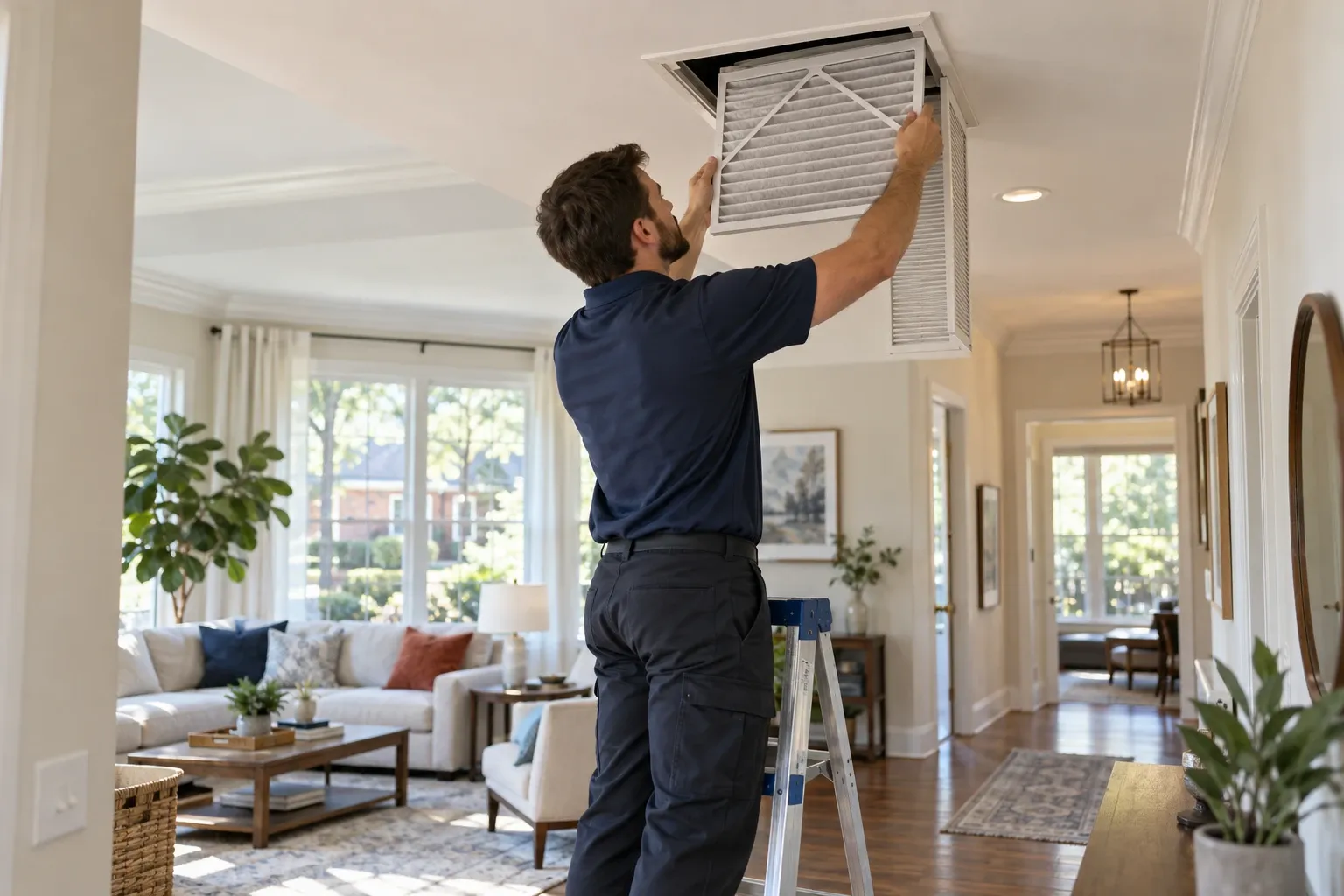 Technician replacing a return air filter in a bright living room